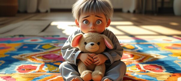 a child sitting on a rub waiting for their new adoptive parent to arrive