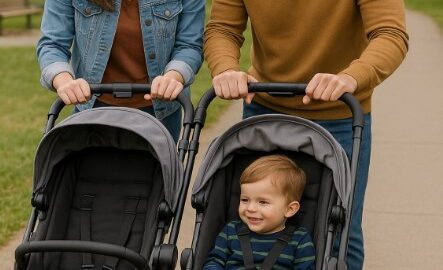 two parents pushing a pram discussing whether to have another child