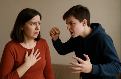 A scared parent being threatened by a violent child and needing parenting support